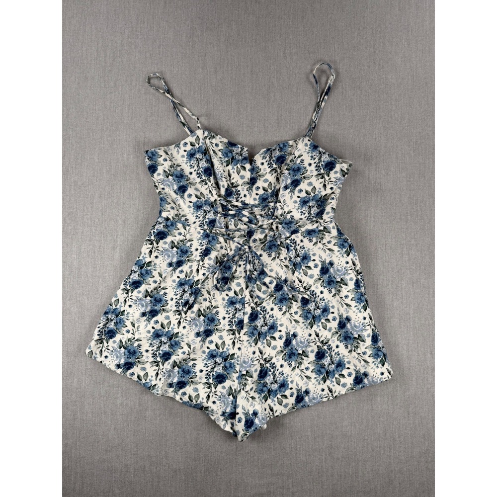 Altar'd State Blue Floral Lace‎ Up Romper XXL 26DW89TLEP Rayon Linen Blend